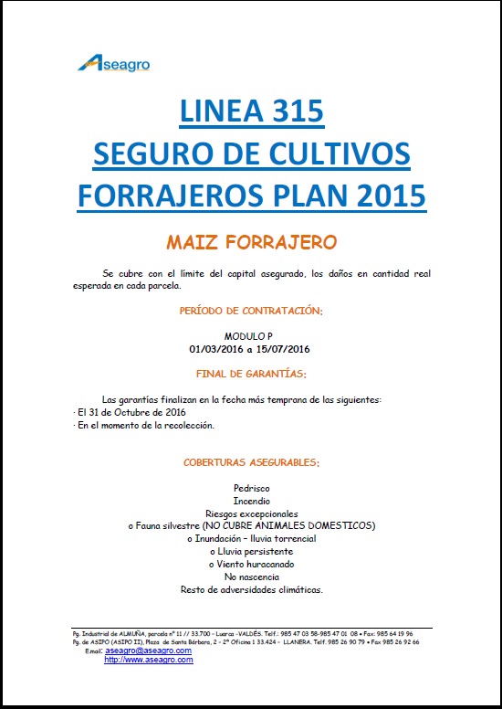 SEGURO ASEAGRO DE CULTIVOS FORRAJEROS: LINEA 135