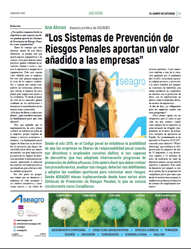 Los sistemas de prevención de riesgos penales en el sector agroalimentario